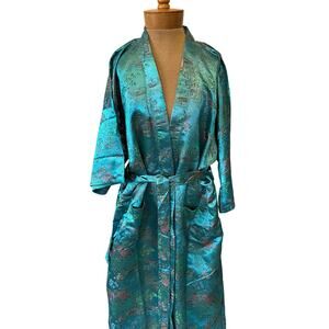 Vintage silk jacquard asian oriental kimono robe gown shiny blue landscape Maxi